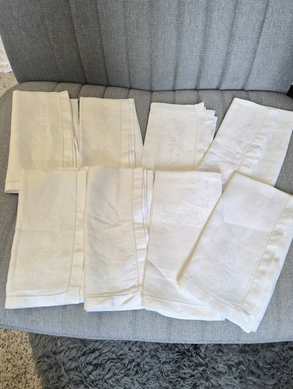 8 Vintage Linen Damask Jacquard Vine Floral Hemstitched Dinner Napkins, 17 X 18